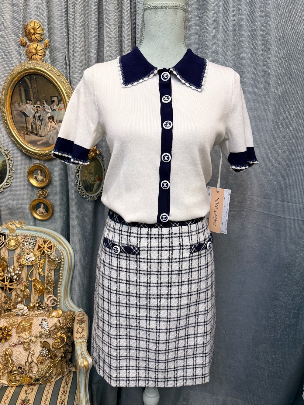 Parisian Chic Tweed Skirt & Knit Top Set